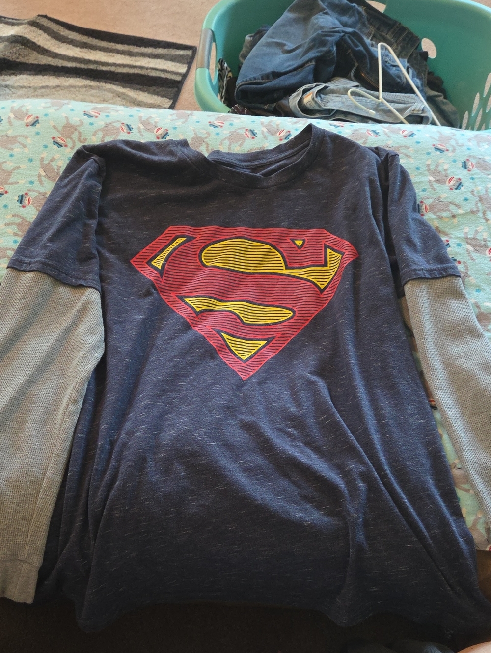 Men's Superman Long-Sleeve Layered Tee - Navy and Gray